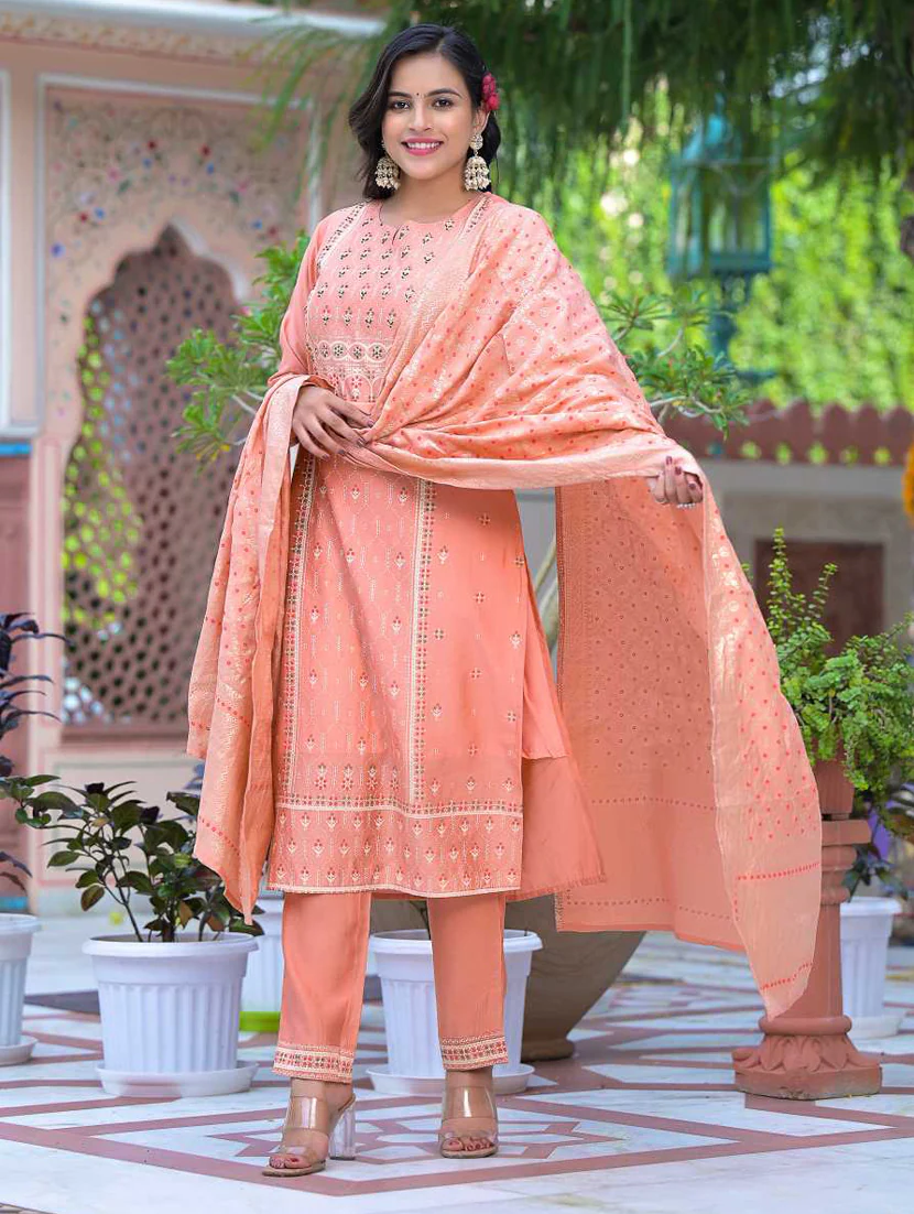 silk kurta with pant and printed dupatta